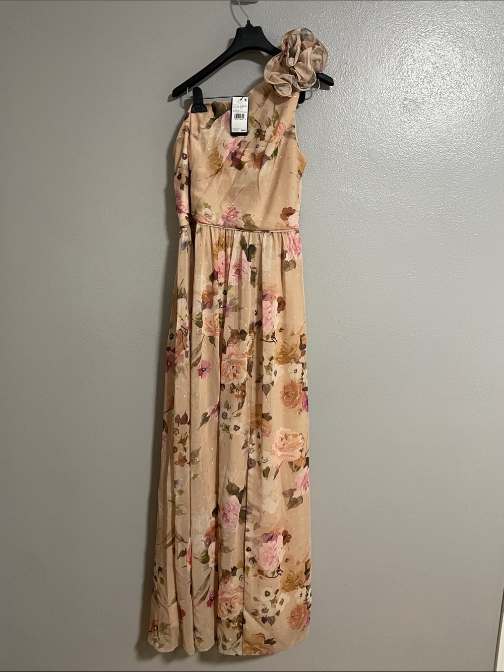 Adrianna Papell NWT Blush Floral One-Shoulder Chiffon Gown Size 12 Champagne